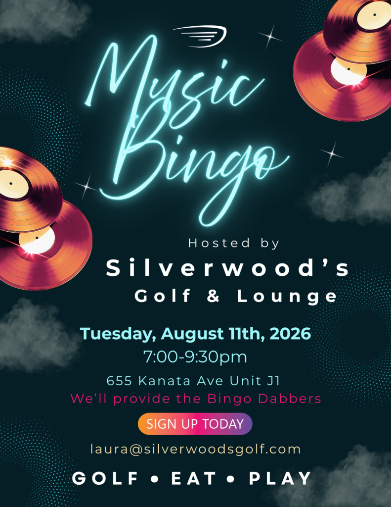 Music trivia event poster featuring date, time, and Silverwood’s Golf & Lounge with golf simulator details.