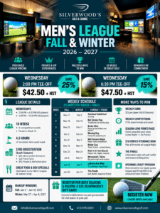 Music trivia event poster featuring date, time, and Silverwood’s Golf & Lounge with golf simulator details.