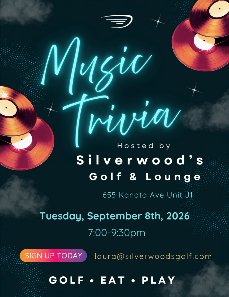 Music trivia event poster featuring date, time, and Silverwood’s Golf & Lounge with golf simulator details.