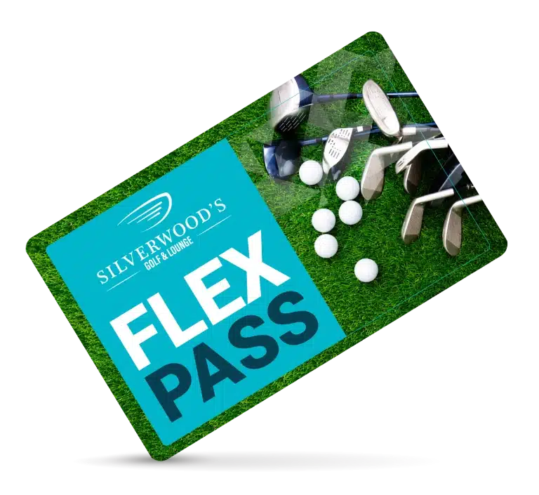Silverwoods Flex Pass card on grass with clubs and balls, angled on gray; Kanata indoor golf lounge.